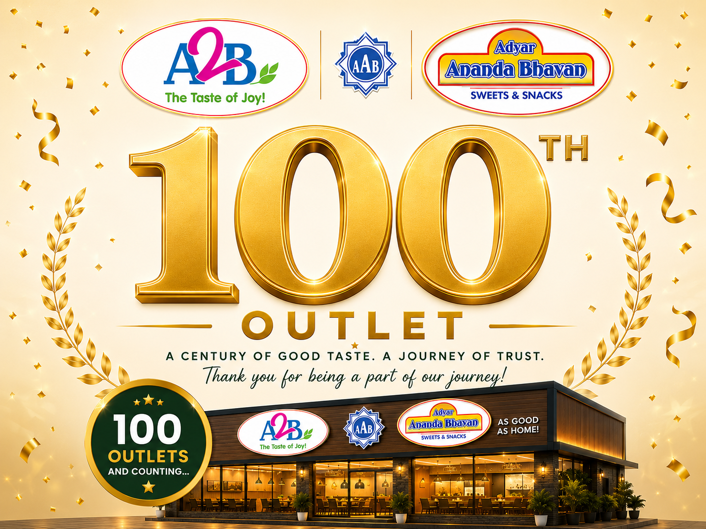 A celebratory Adyar Ananda Bhavan flagship store marking the 100th outlet milestone
