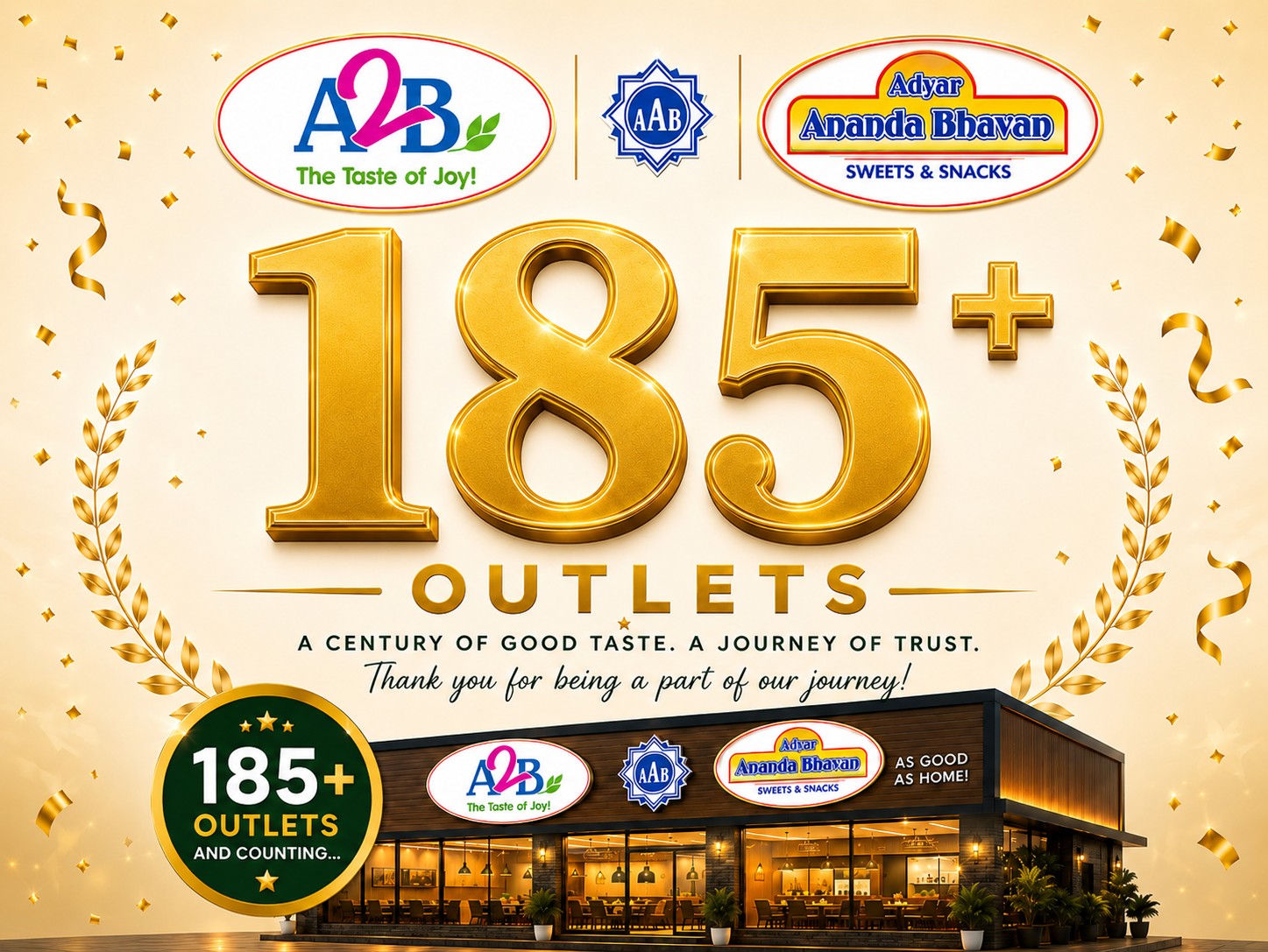 A celebratory Adyar Ananda Bhavan flagship store marking the 185th outlet milestone